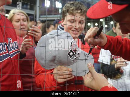 Cleveland, USA. 16th Oct, 2022. Cleveland Guardians James Karinchak signs autographs before the start of game four against the New York Yankees of their American League Division Series at Progressive Field in Cleveland, Ohio, on Sunday, October 16, 2022. Photo by Aaron Josefczyk/UPI. Credit: UPI/Alamy Live News Stock Photo