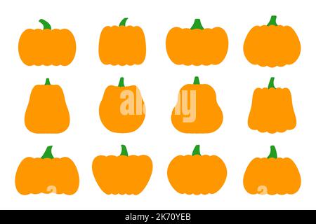 Pumpkins flat icons set. Sign kit of halloween. Thanksgiving pictogram collection farm harvest, closeup squash, vegetable. Simple pumpkin cartoon colorful icon symbol isolated on white background Stock Vector