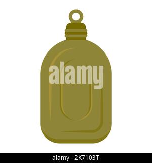 Military flask metal water bottle army green flat. Water storage capacity equipment travel bottle soldier ammunition travel survival outfit desert metal khaki camping quench thirst hunter isolated Stock Vector