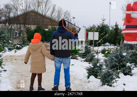 Christmas tree.Father and daughter choose christmas tree at winter snowy fir tree nursery.Family Christmas customs and traditions.Choosing And Buying Stock Photo