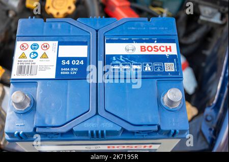 The top plate of a 12v lead acid car battery Stock Photo