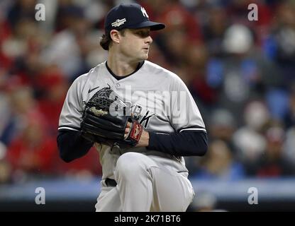 Cleveland, USA. 16th Oct, 2022. New York Yankees pitcher Gerrit Cole throws in the third inning against the Cleveland Guardians in game four of their American League Division Series at Progressive Field in Cleveland, Ohio, on Sunday, October 16, 2022. Photo by Aaron Josefczyk/UPI. Credit: UPI/Alamy Live News Stock Photo