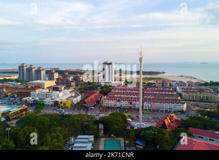 MALACCA, MALAYSIA - FEB 2, 2017: Arial View of Menara Taming Sari Tower. Malacca City is the capital city of the Malaysian state of Malacca. Stock Photo