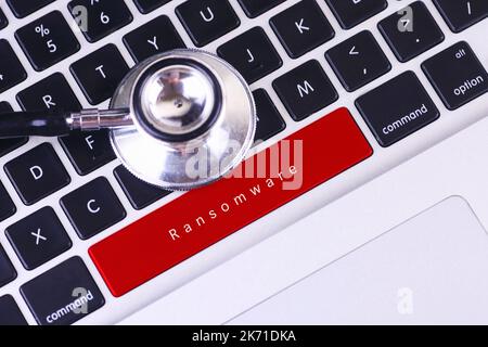 Business concept: Ransomware on computer keyboard background with copyspace area. Stock Photo