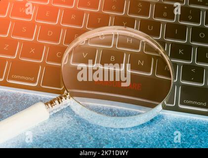 Business concept: RANSOMWARE on computer keyboard on wooden background with copyspace area Stock Photo