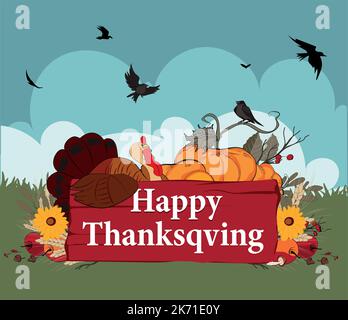 Happy Thanksgiving holiday vector design template for websites, posters, banners. Happy Thanksgiving with traditional food, turkey, pies, pumpkins and fruits. Vector website template Stock Vector