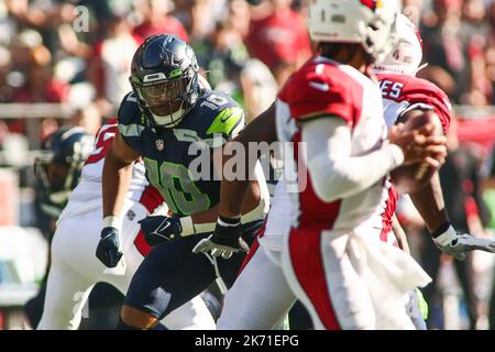 FILE - Seattle Seahawks linebacker Uchenna Nwosu lines up on defense during  an NFL football game against the New Orleans Saints in New Orleans, Sunday,  Oct. 9, 2022. His parents emigrated from