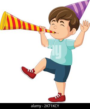 Cartoon little boy blowing a trumpet Stock Vector