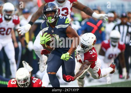 Seattle Seahawks running back Kenneth Walker III (9) warms up before an NFL  football game against the San Francisco 49ers, Sunday, Sept. 18, 2022 in  Santa Clara, Calif. (AP Photo/Lachlan Cunningham Stock