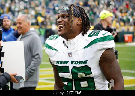 New York Jets linebacker Quincy Williams (56) reacts during an NFL game  against the Green Bay Packers Sunday, Oct. 16, 2022, in Green Bay, Wis. (AP  Photo/Jeffrey Phelps Stock Photo - Alamy