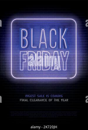 Biggest black friday discounts vector flyer template. Special price offer on stylized brick wall background. Seasonal sale blue promo banner design. Mega wholesale neon men advert with text space. Stock Vector