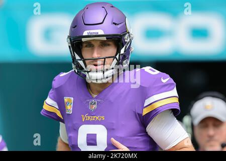 Sunday, October 16, 2022; Miami Gardens, FL USA;  Minnesota Vikings quarterback Kirk Cousins (8) takes the field during pregame warmups prior to an NF Stock Photo