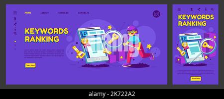 Keyword ranking landing page, ui ux mobile app onboard screen template. Seo analysis, keywording media research tools. Contemporary female character with magnifier, Cartoon linear vector web banner Stock Vector