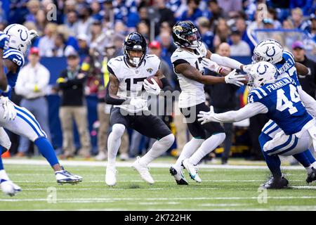 Jacksonville Jaguars tight end Evan Engram (17) walks off the field after  of an NFL football game against the Baltimore Ravens, Sunday, Nov. 27,  2022, in Jacksonville, Fla. The Jacksonville Jaguars defeated