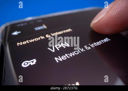 Melbourne, Australia - Oct 17, 2022: Close-up view of using the built-in Android VPN on Google Pixel 7 Pro, shot with macro probe lens Stock Photo