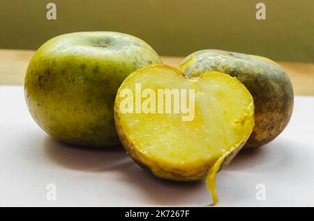 The cross section of a white sapote is in front of two whole fruits on a white surface. Stock Photo