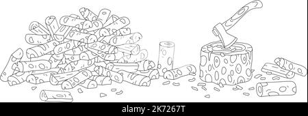 Axe, an old stump and chopped billets for a fireplace and a stove in a village house in cold winter Stock Vector
