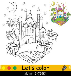 Cartoon magical oriental castle on an island with palm trees. Coloring book page with colorful template for kids. Vector isolated illustration. For co Stock Vector