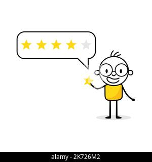 Man character giving five stars positive feedback. Customer reviews, rate the service concept. Vector stock illustration. Stock Vector