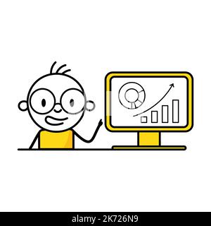 Man analyzes chart and graph data, working with data visualization on computer. Digital data analysis concept. Vector stock illustration. Stock Vector