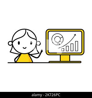 Woman analyzes chart and graph data, working with data visualization on computer. Digital data analysis concept. Vector stock illustration. Stock Vector