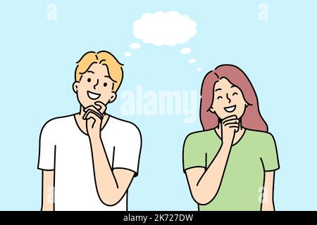 Girl, boy smile, think about something nice together. Empty speech bubble. Young couple dreaming. Positive imagination, fantasy, fancy ideas, cloud-castle, goal. Vector outline colored illustration. Stock Vector