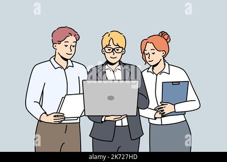 Man in glasses demonstrates business presentation on laptop to colleagues. Businessmen, businesswoman stand together, look to computer screen at office work. Meeting. Vector linear colored clipart. Stock Vector