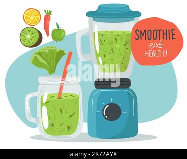 Set of multicolored juicers with juice in cartoon style. Vector illustration of delicious juice, green detox smoothie, orange, lettuce, carrot, apple Stock Vector