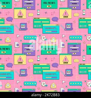 Vaporwave UI and UX elements seamless pattern. PC retro game frame. Nostalgic style 70s, 80s, 90s Stock Vector