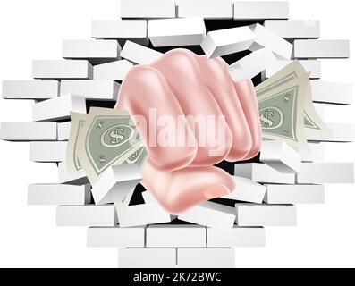 Money Fist Hand Holding Cash Punching Through Wall Stock Vector