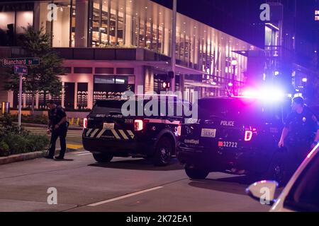 Seattle, USA. 16th Sep, 2022. Just after 10:45pm Police responding to a shooting on 7th ave between Lenora and Blanchard Street in South Lake Union near the Amazon campus. A vehicle was located across from the first Amazon Go store with a shot out driver side window. Police arrived and secured the scene and are actively looking for the suspect of the alleged shooting. This follows another shooting in the same location last month on the 11th of September where a ride share driver was shot and killed. Credit: James Anderson/Alamy Live News Stock Photo