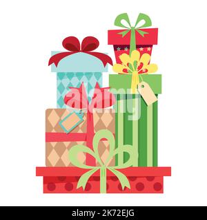 Cartoon, set of colored gift boxes. gifts are piled up. Birthday, sale, holidays Stock Vector