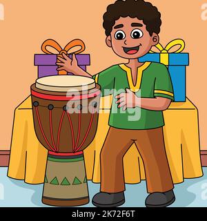 Kwanzaa Boy Playing Djembe Colored Cartoon Stock Vector