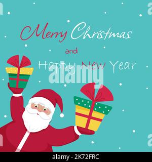 Santa Claus gives gifts greeting card, Merry Christmas and New Year. Vector illustration in flat cartoon style Stock Vector