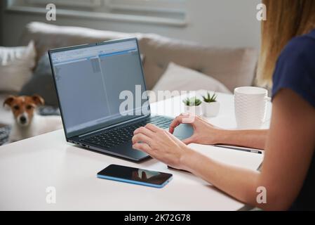 Woman working from home. Female freelancer working remotely at living room and using laptop, typing on keyboard Stock Photo