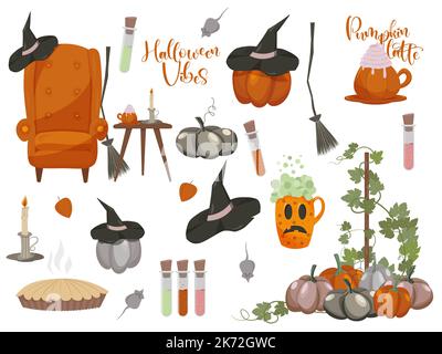 Set of autumn elements stickers. Thanksgiving and Halloween vibes. Pumpkins and witches. Stock Vector