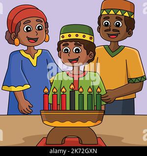 Kwanzaa Family And Kinara Colored Cartoon Stock Vector