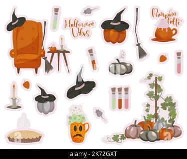 Set of autumn elements stickers. Thanksgiving and Halloween vibes. Pumpkins and witches. Stock Vector