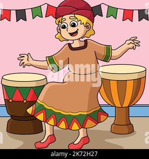 Kwanzaa Girl Playing Djembe Colored Cartoon  Stock Vector