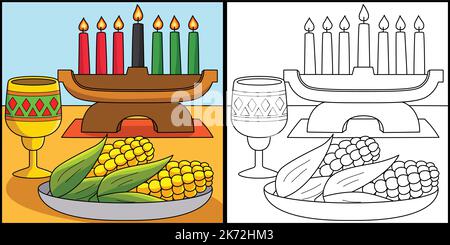 Kwanzaa Corn and Kinara Coloring Page Illustration Stock Vector