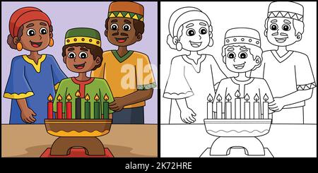 Kwanzaa Family And Kinara Coloring Illustration Stock Vector