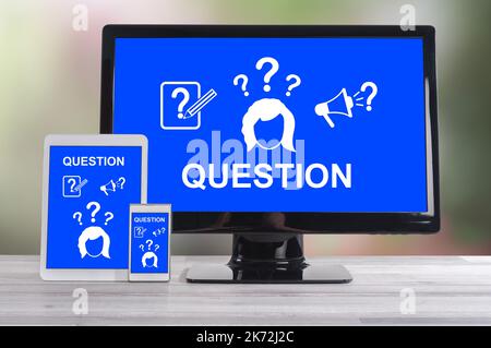 Question concept shown on different information technology devices Stock Photo