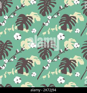 Boho seamless pattern with monstera leaves and cotton Stock Vector