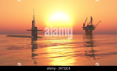 Modern submarine and offshore platform in the open sea at sunset Stock Photo