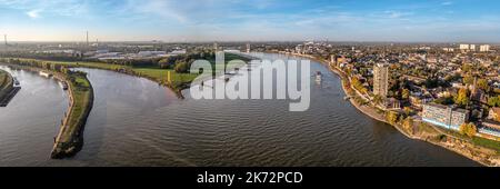 Duisburg Ruhr Area. Rhein River. Drone Aerial in autumn Stock Photo