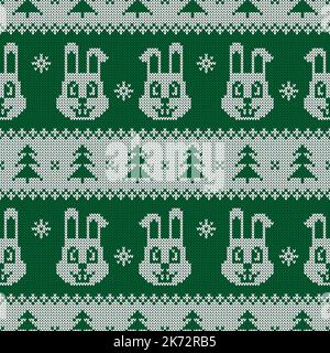 Knitted seamless pattern for 2023 New Year of the Rabbit. Vector ornament with cute bunnies, snowflakes, and Christmas trees. Sweater print. Stock Vector