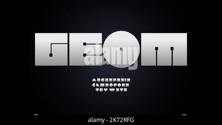Geometric square font computer chip alphabet letters. Microchip technology typography for electronics service logo, digital system headline, internet Stock Vector