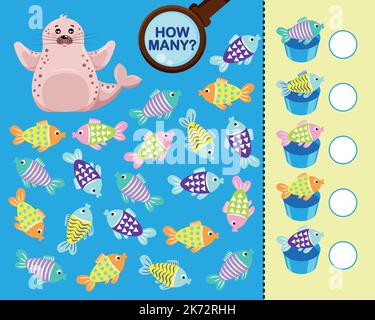 Math game for kids. Winter collection. Account and logic. sea lion eating fish Stock Vector