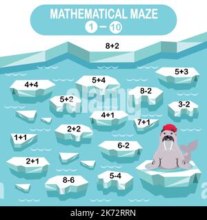 Math maze for kids. Winter collection. Walrus in the Arctic on an ice floe Stock Vector