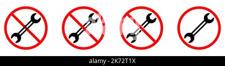 Wrench ban sign. Wrench is forbidden. Set of red prohibition signs of wrench. Vector illustration Stock Vector